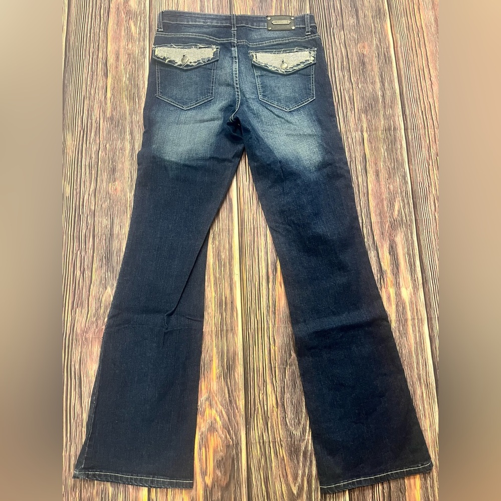 Tru‎ Luxe Womens Denim Jeans Size 6 Rhinestone Bling Flap Pockets Whisker Wash - Picture 2 of 6